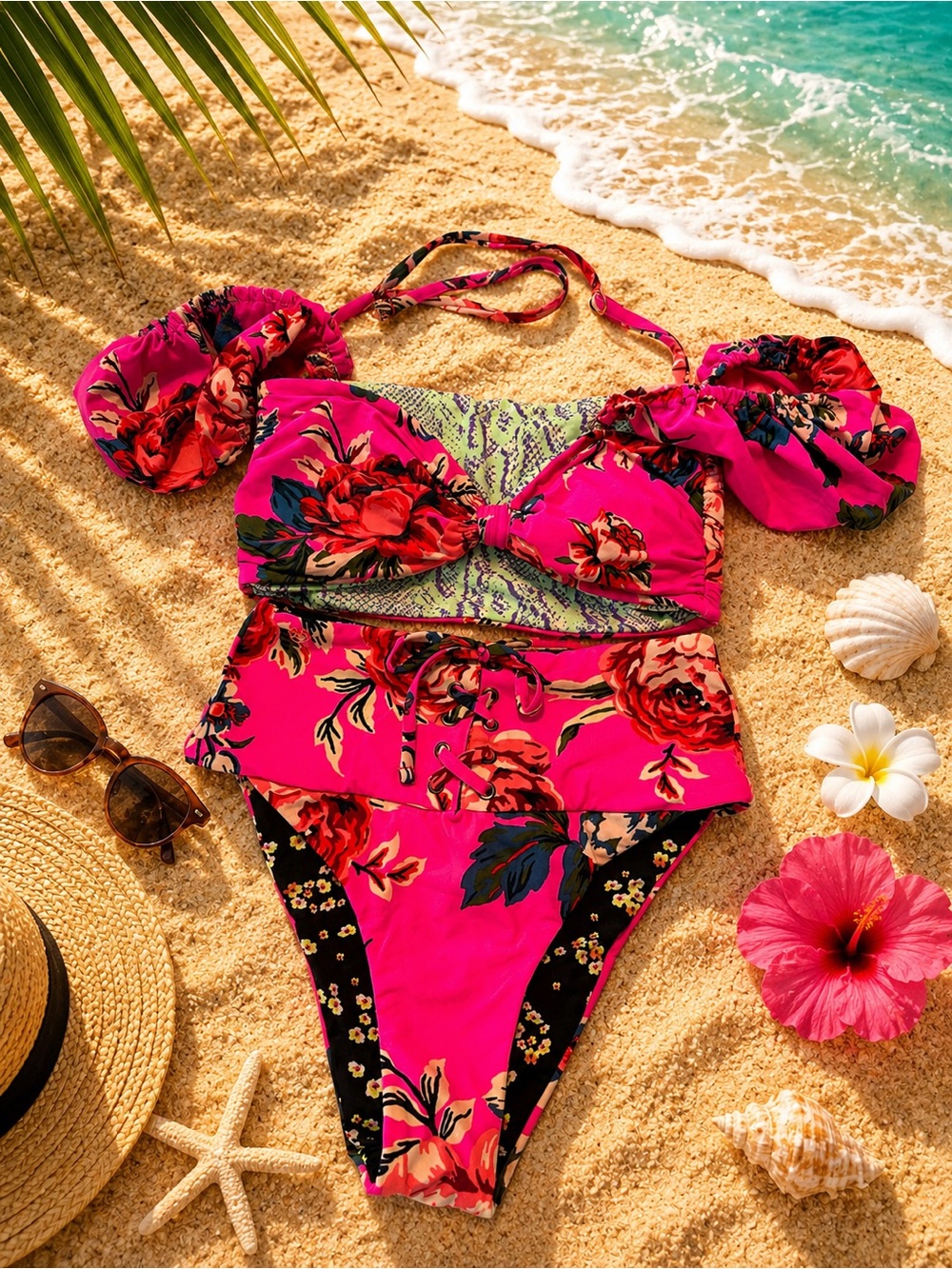 Maaji NWT Reversible Floral High Waist Bikini Set Puff Sleeve Top Size small